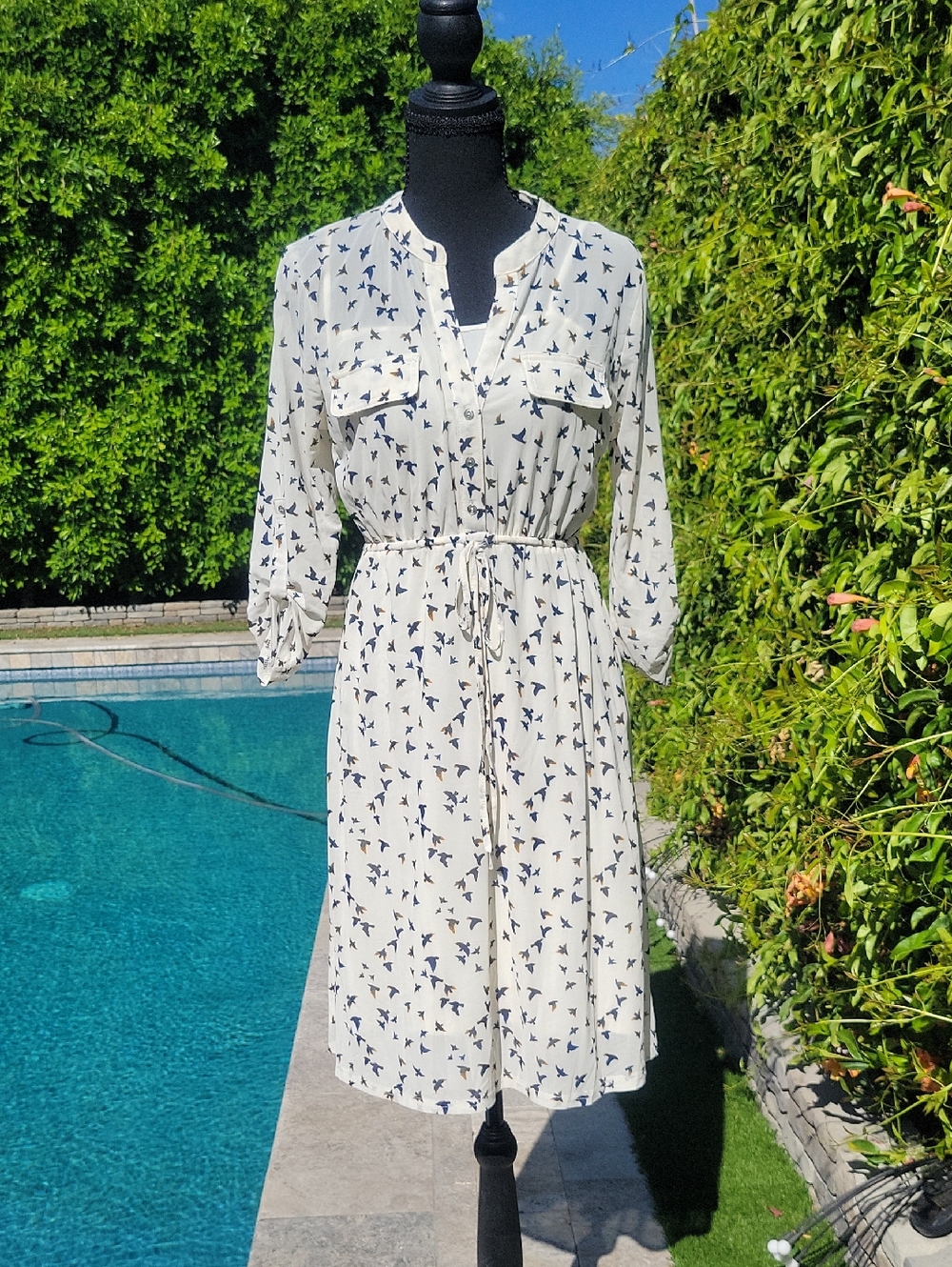 Cream Shirt Dress with Navy Bird Print